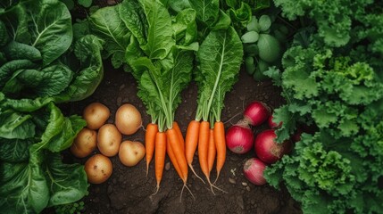 A colorful still life display highlighting the beauty of fresh vegetables, fruits, and greens. - obrazy, fototapety, plakaty