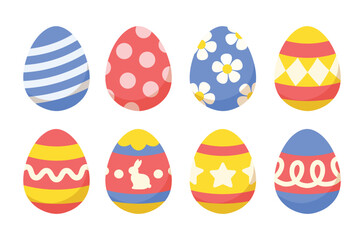Easter eggs with ornament isolated on white background. Cute modern colorful cartoon. Design elements for seasonal holiday decoration. Vector illustration art.