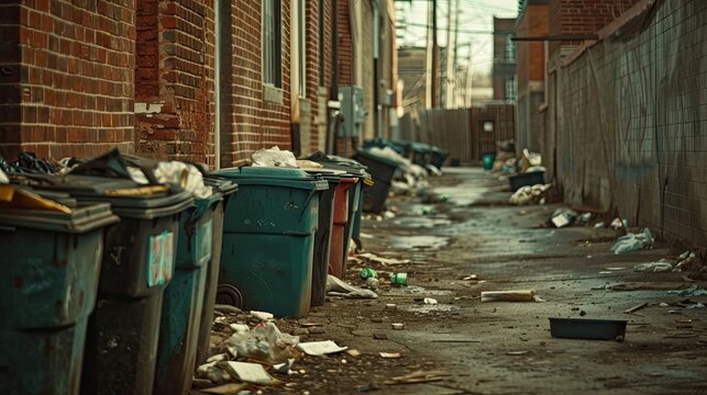 A shanty town cluttered with rubbish, highlighting issues of waste management and living standards.