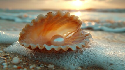 Obraz na płótnie Canvas Orange Seashell With Pearl on the Shoreline Bathed in Sunset Light