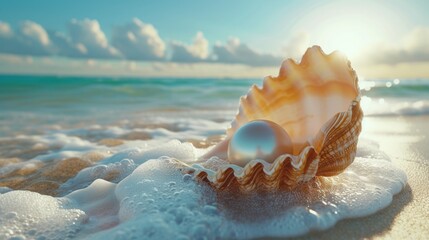 Orange Seashell With Pearl on the Shoreline Bathed in Sunset Light - obrazy, fototapety, plakaty