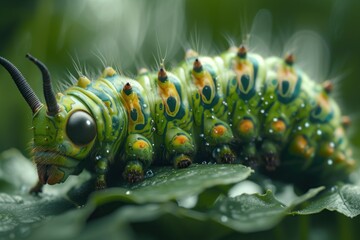 Vibrant Colored Caterpillar Feasting on a Leaf in a Lush Garden - Powered by Adobe