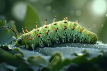 Vibrant Colored Caterpillar Feasting on a Leaf in a Lush Garden