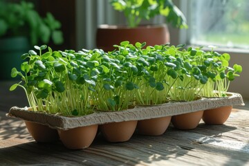 Assortment of Young Herb Plants Growing in Biodegradable Pots on a Wooden Windowsill