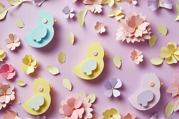 3d papercut Easter pattern with chicks, pastel colors, flat lay