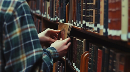 A serendipitous encounter in a library as two strangers' fingers accidentally touch while reaching for a book, igniting a subtle connection in the hushed ambiance.