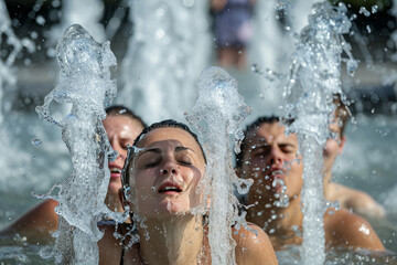 Obraz premium Adults bathe in a fountain on a very hot summer day.