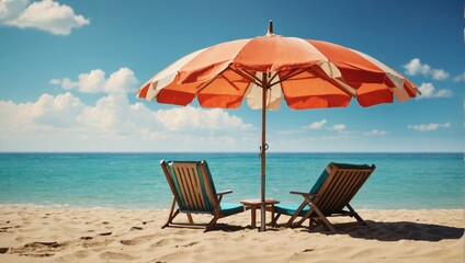 Tropical beach concept made of coconut fruit and sun umbrella. Creative minimal summer idea