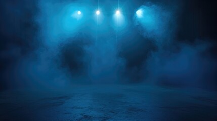 A dark empty street, dark blue background, an empty dark scene, neon light, spotlights The asphalt floor and studio room with smoke float up the interior texture. night view, generative ai