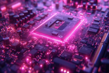 Obraz premium Close-Up View of a Computer Processor on a Circuit Board With Red Illumination