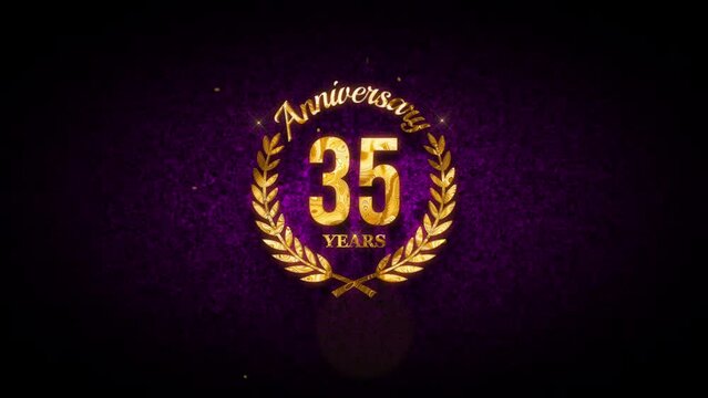 Luxury 35 years Anniversary Laurel Wreath Label Gold Texture Glitter Dust Reveal On Dark Purple Shiny Micro Turbulence Waves Grainy Pattern Texture Effect Background