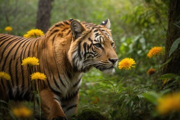 Obraz premium a tiger walking through a lush green forest, tiger, a tiger, looking majestic in forest, tigers, wildlife photography. Wildlife day concept 