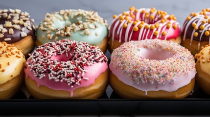 Close-up of variety of glazed delicious festive donuts with colourful sprinkles. Generative AI