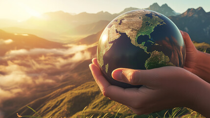 World environment Day concept. Child hand's who is holding carry the World. Protect our globe. Copy space.