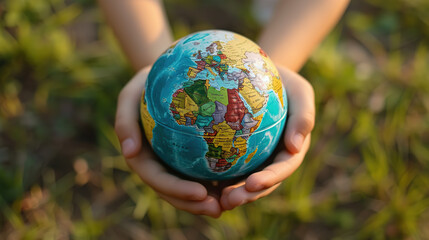 World environment Day concept. Child hand's who is holding carry the World. Protect our globe. Copy space.