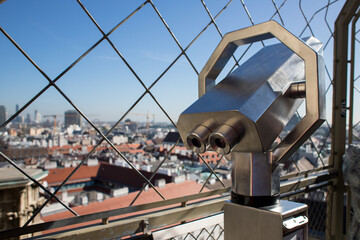 Spyglass on the observation deck. Austrian landmark from a bird's eye view. Large spyglass in...