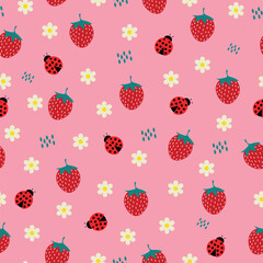 cute strawberry and ladybugs hand drawn seamless pattern vector illustration for decoration invitation greeting birthday party celebration wedding card poster banner textiles wallpaper background