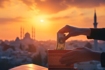 hand is seen holding the money it appears to be making a charitable contribution