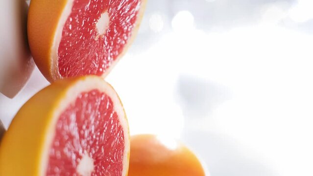 Vertical video of Camera moving toward to Sliced Grapefruit in Slow motion, Selective focus