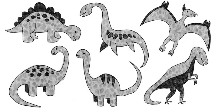 Set of hand drawn grayscale black and white high contrast dinosaur silhouette clipart isolated on transparent background. Watercolor and crayon cute cartoon art baby dino design elements collection.
