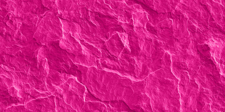 Seamless hot pink slate rock face barbiecore aesthetic fashion backdrop. Bold fun feminine flirtatious fuchsia stone or plaster wall pattern. Girly background texture or wallpaper design 3D rendering.