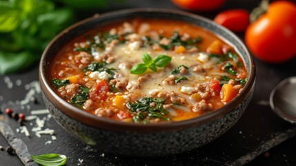 Italian Homemade Lasagna Soup with Basil and Cheese
