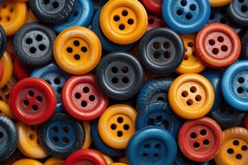 Colorful Assortment of Sewing Buttons in Blue, Yellow, and Red Hues