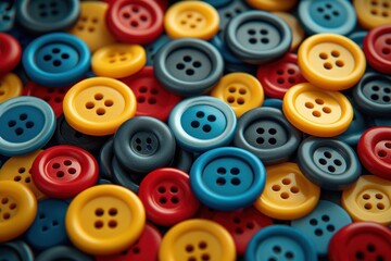 Colorful Assortment of Sewing Buttons in Blue, Yellow, and Red Hues