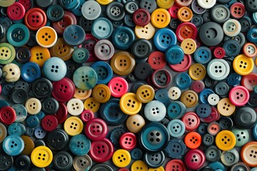 Fototapeta premium Colorful Assortment of Sewing Buttons in Blue, Yellow, and Red Hues