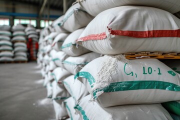 Stacked White Sacks on Wooden Pallets in a Spacious Warehouse Aisle