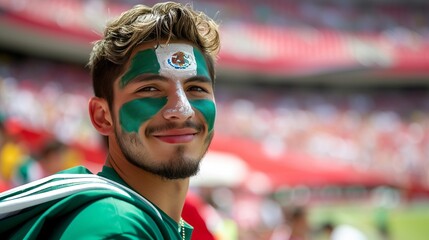 Mexico fan with face painted in flag colors cheering at sports event with blurry stadium background