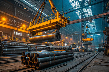 A gantry crane loads bundles of steel pipes at a metallurgical plant.