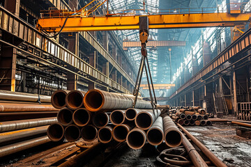A gantry crane loads bundles of steel pipes at a metallurgical plant.