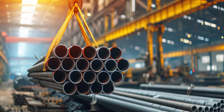 A gantry crane loads bundles of steel pipes at a metallurgical plant.