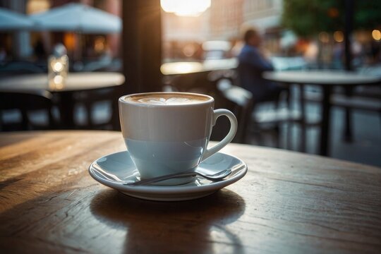 White cup of coffee on table in morning time in outdoors cafe with blurred city street background