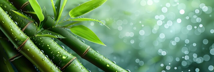 Close up of bamboo background with refreshing water droplets for a soothing natural vibe