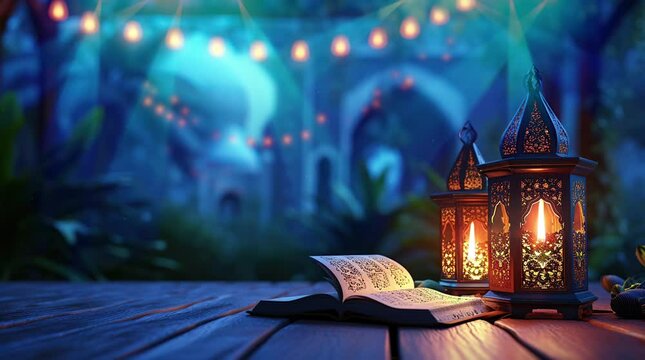 ramadan decoration with arabic lantern and candle in the night.  Seamless looping 4k time-lapse virtual video animation background. Generated AI	