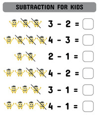 Subtraction game for kids with cute monsters. Matching game. Printable worksheet design. Learning math.