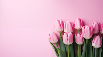Naklejka premium bouquet of pink tulips and pink background, minimalism flowers, minimalism wallpaper with tulips, spring flowers