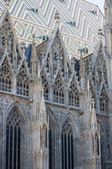 Facade of St. Stephen's Church in Vienna. Unusual facade of a building in the city center. Gothic...