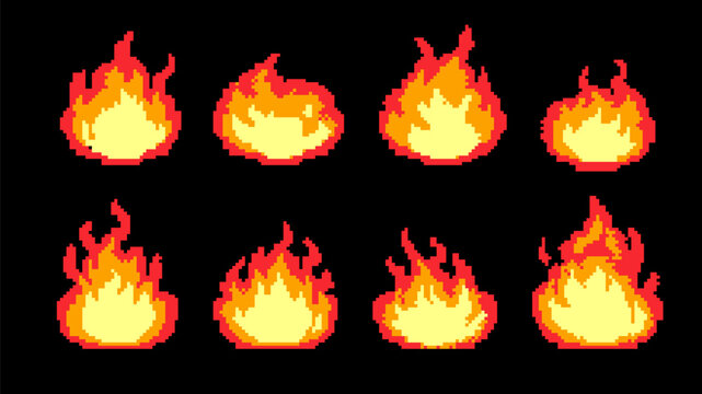Pixel art cartoon animation frames of red fire flames. Vector 8 bit asset and effects for video game.