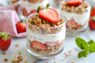 healthy breakfast with muesli, fresh fruit and berries in glass on grey concrete background, close up, top viewhealthy breakfast with granola and yogurt in glasses on grey table.healthy breakfast with