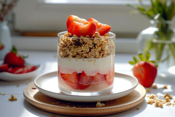 healthy breakfast with muesli, fresh fruit and berries in glass on grey concrete background, close up, top viewhealthy breakfast with granola and yogurt in glasses on grey table.healthy breakfast with