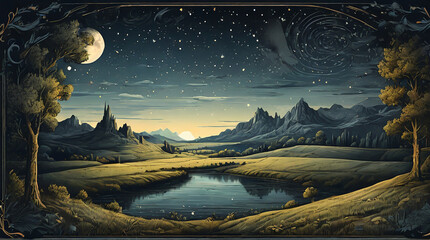 満月と星空の湖 - obrazy, fototapety, plakaty