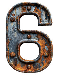 Number 6 made of rusty metal in grunge style.