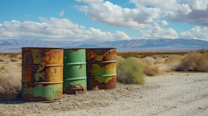 Barrels filled with petroleum products and toxic chemicals, contributing to environmental pollution and toxicity.