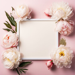Obraz na płótnie Canvas Aesthetic frame mockup decorated with tender light peonies. Invitation or greeting concept Layout. Generative AI