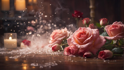 Radiant rose mist cascading down, imparting a delicate and romantic ambiance to the surroundings.