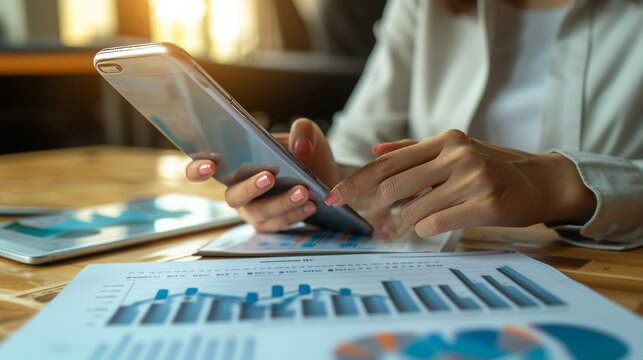 hand of business woman hold smartphone use analyzing and calculating the annual income and expenses, a financial chart and financial report, technology and bussiness concept