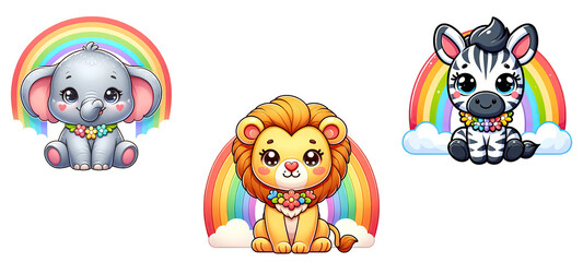 Cute Safari Animals with Rainbow Clipart
